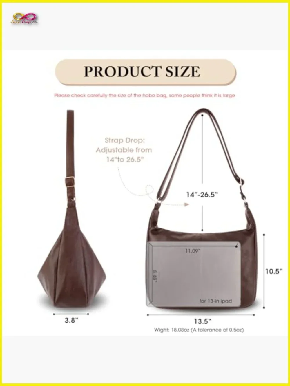 Slouchy Hobo Shoulder Bag Crossbody Laptop Purse with Padded Sleeve Adjustable